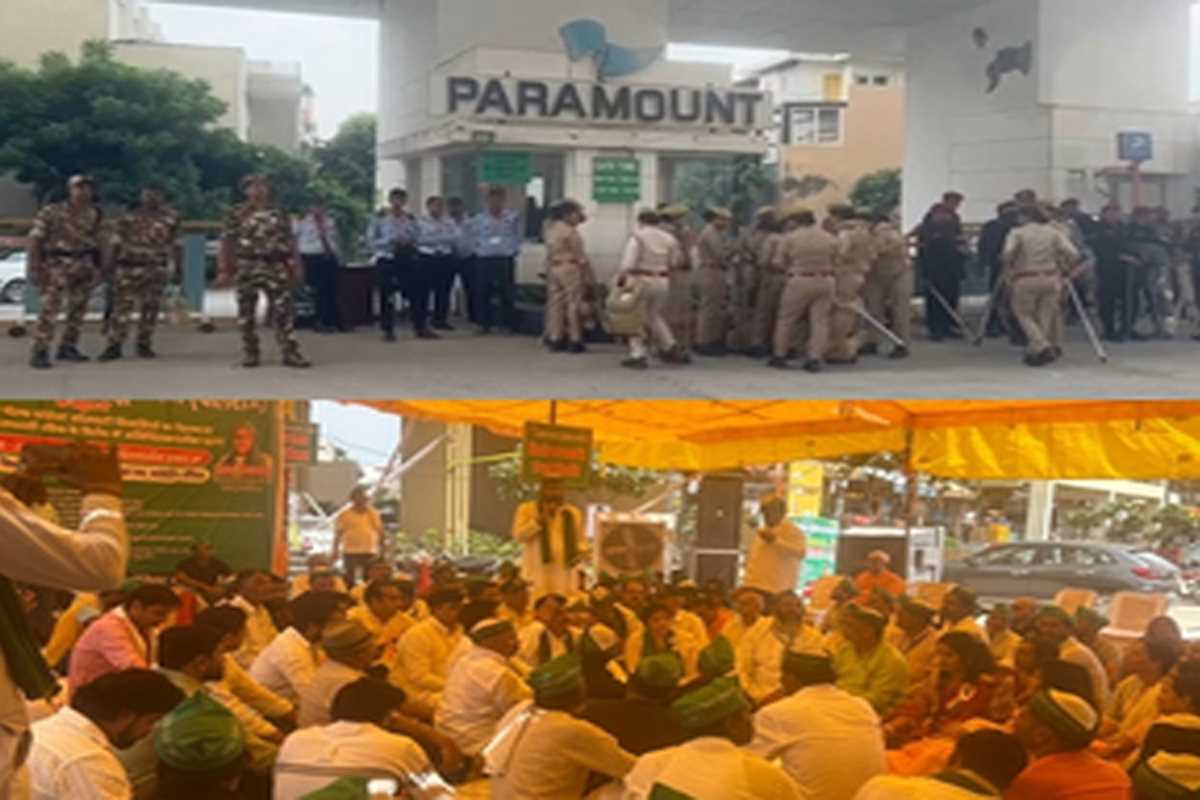 किसानों का पैरामाउंट गोल्ड फॉरेस्ट सोसायटी के बाहर फिर हल्ला बोल, पुलिस बल तैनात